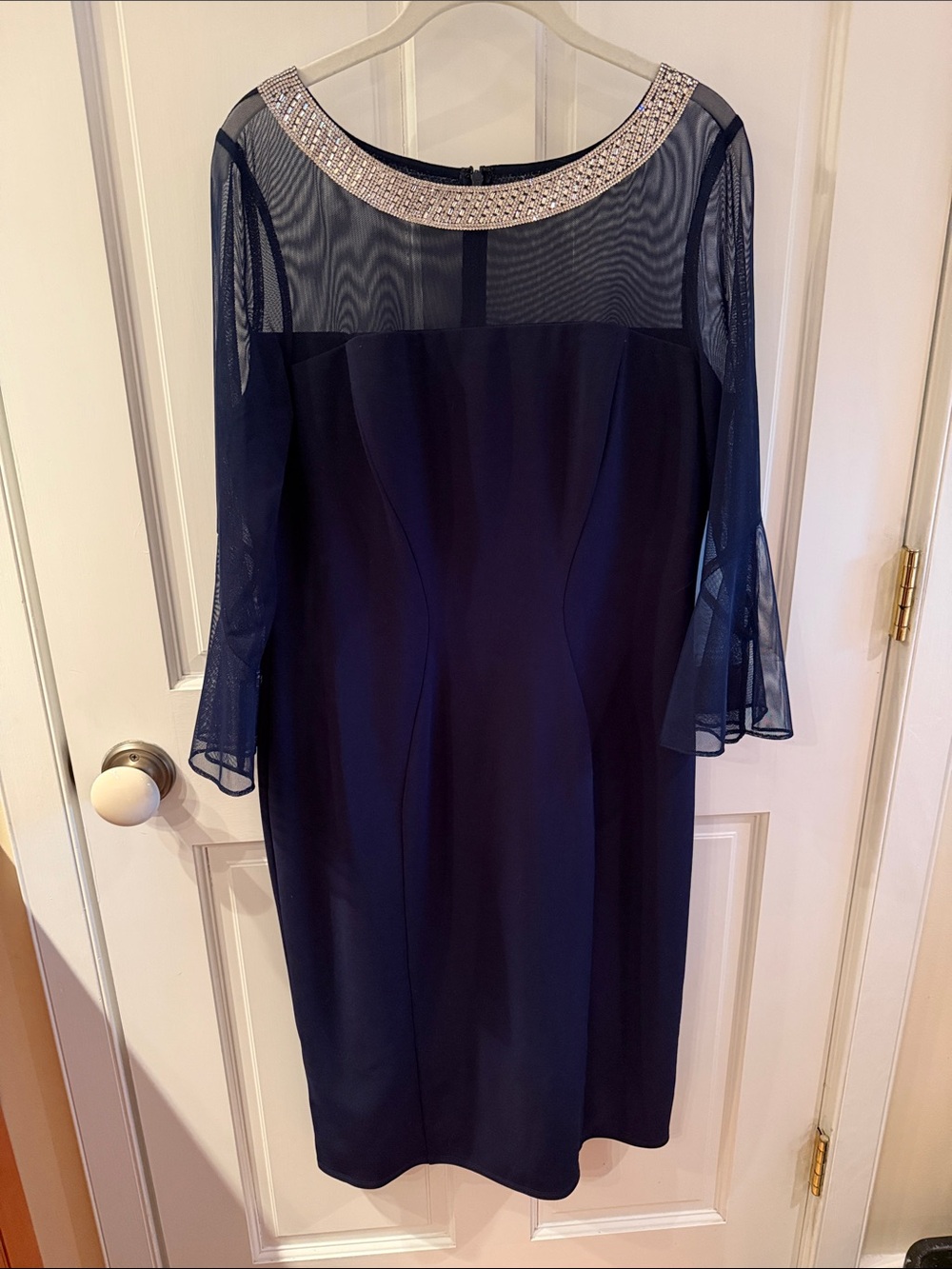 Alex Evenings Bell Sleeve Crepe Navy Sheath Dress, Beaded Neckline, Gabrielle